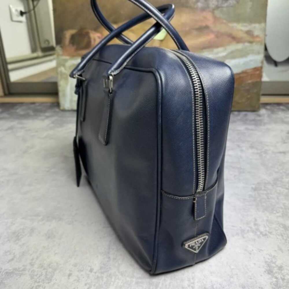 Prada Navy Blue Lux Saffiano Leather Luggage Bag w/Luggage Tag